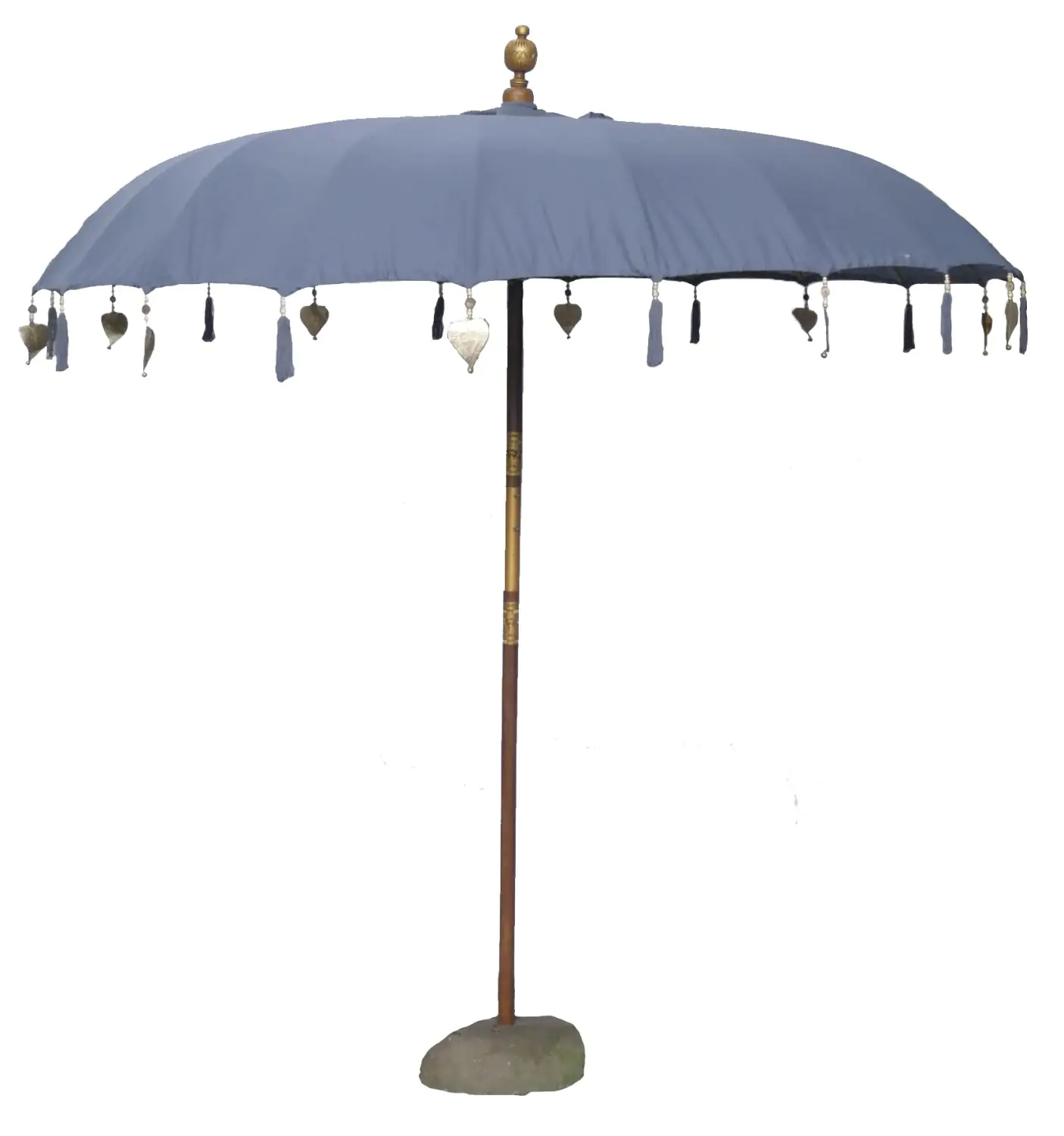  Product image 1 of the product “Bali umbrella , dark grey 1 with wooden coins and gold leaves hanging around the edge. Approx. 230cm dia. and 250cm height ”